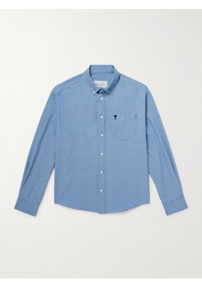 AMI PARIS - Button-Down Collar Logo-Embroidered Cotton-Chambray Shirt - Men - Blue - EU 37