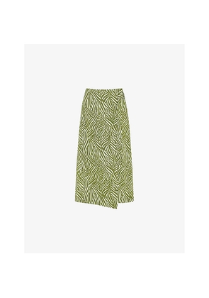 Womens Whistles Linear Leaf-Print Wrap-Front Cotton Midi Skirt