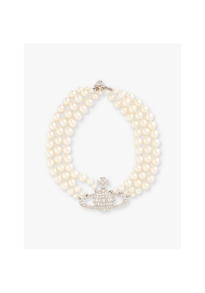 Womens Vivienne Westwood Jewellery Three Row Bas Relief Brass and Swarovski-Pearl Choker Necklace