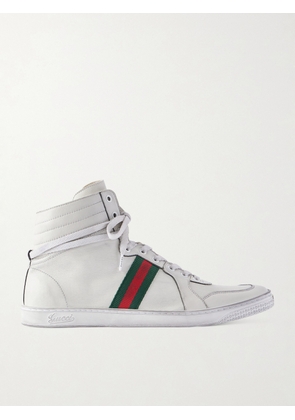 Gucci - Distressed Webbing-Trimmed Leather High-Top Sneakers - Men - White - UK 8