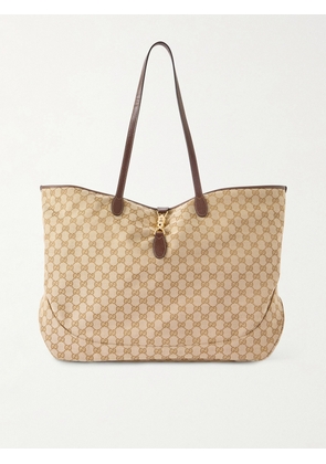 Gucci - Jackie Large Leather-Trimmed Monogrammed Canvas Tote Bag - Men - Brown