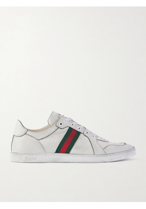 Gucci - Distressed Webbing-Trimmed Leather Sneakers - Men - White - UK 8