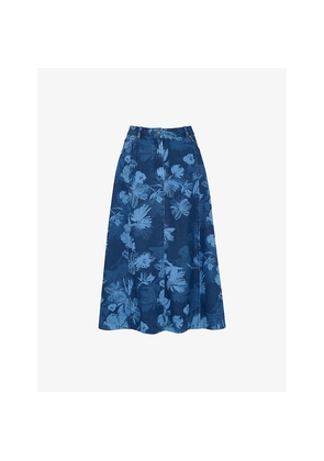 Womens Whistles Chalk-Print High-Rise Denim Midi Skirt