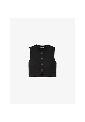 Womens Sandro Round-Neck Button-Down Sleeveless Stretch-Woven Crop Top