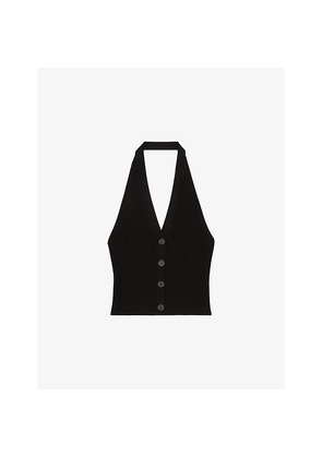 Womens The Kooples Halter-Neck Button-Down Ribbed Knitted Top