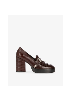 Womens The Kooples Buckle-Embellished Lizard-Embossed Leather Block-Heel Loafers