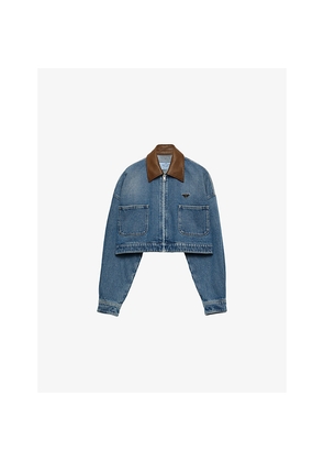 Womens Prada Contrast-Collar Cropped Denim Jacket