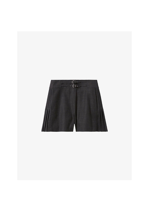 Womens Claudie Pierlot Wide-Pleated Buckled Wool Blend Shorts