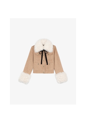 Womens The Kooples Sherpa-Collar Patch-Pocket Wool-Blend Jacket