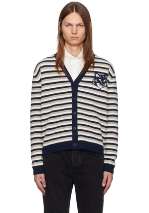 Maison Kitsuné Navy Fox Head Intarsia Striped Cardigan