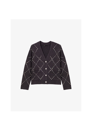 Womens Maje Checked Rhinestone-Embellished Wool-Blend Cardigan