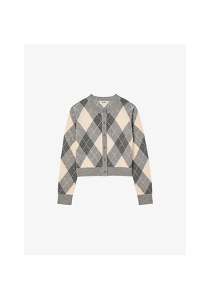 Womens Sandro Argyle Round-Neck Wool and Cashmere-Blend Cardigan