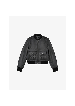 Womens The Kooples Baseball-Collar Patch-Pocket Leather Jacket