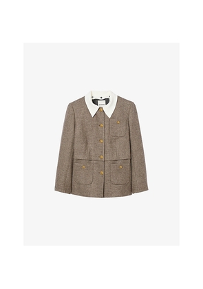 Womens Sandro Contrast-Collar Houndstooth Wool-Blend Jacket