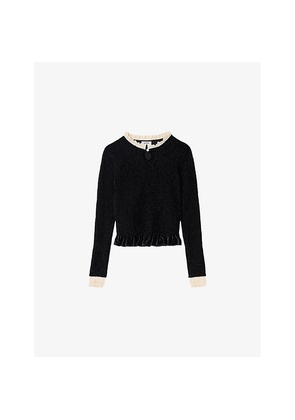 Womens Sandro Smocked Ruffle-Collar Stretch-Woven T-Shirt