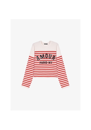 Womens Maje Striped Slogan-Embroidered Knitted Jumper