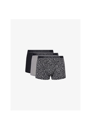 Mens Emporio Armani Branded Mid-Rise Pack Of Three Stretch-Cotton Trunks