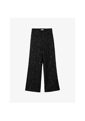 Womens Sandro Rhinestone-Embellished High-Rise Tweed Trousers