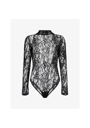 Womens Good American Long-Sleeves Mock-Neck Lace Bodysuit