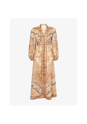 Womens Zimmermann Wanderlust Plunge Linen Midi Dress