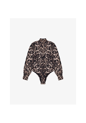 Womens Ro&Zo Leopard-Print Puff-Sleeve Woven Bodysuit