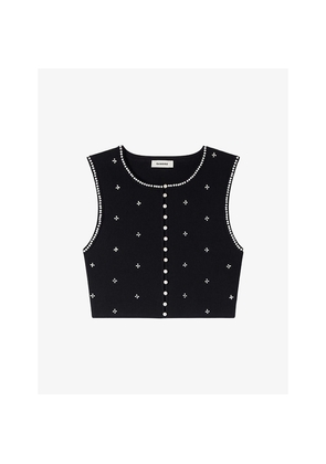Womens Sandro Rhinestone-Embellished Cropped Knitted Top