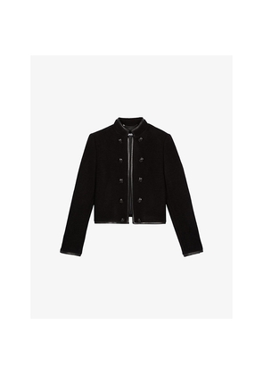 Womens The Kooples Stand-Collar Leather-Trim Wool Jacket