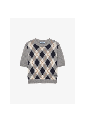 Womens Prada Short-Sleeved Argyle-Knit Cashmere Jumper