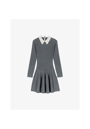 Womens Maje Ribbed Beaded-Collar Stretch-Knit Mini Dress