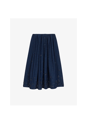 Womens Maje Flared Sequin-Embroidered Denim Midi Skirt