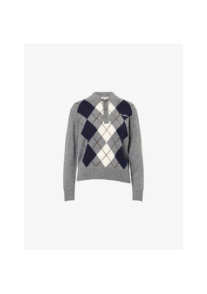 Womens Sporty & Rich Embroidered-Logo Argyle Cashmere-And-Wool Polo Jumper