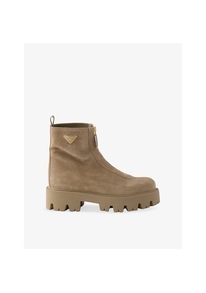 Womens Prada Logo-Plaque Suede Ankle Boots