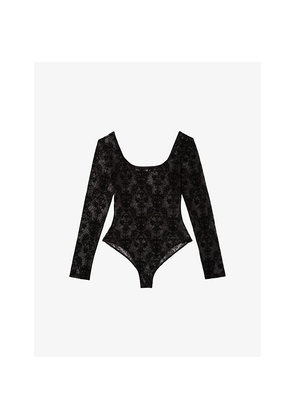 Womens The Kooples Flocked Long-Sleeve Mesh Bodysuit