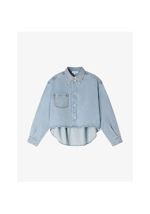 Womens Sandro Rhinestone-Trim Cropped Denim Shirt