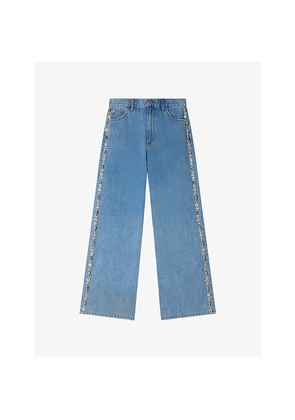 Womens Sandro Straight-Leg Rhinestone-Trim Denim Jeans