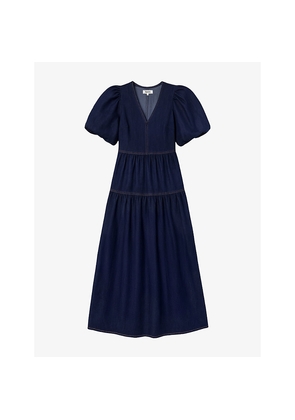 Womens Ro&Zo V-Neck Puff-Sleeve Denim Maxi Dress
