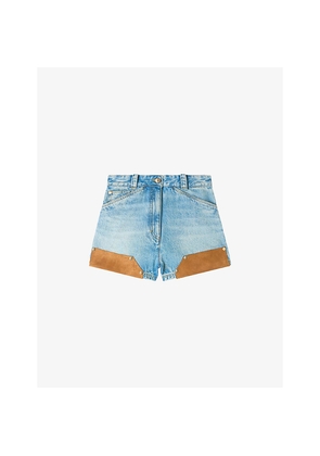 Womens Sandro Riveted High-Rise Suede and Denim Shorts