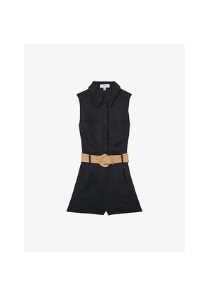 Womens Reiss Taylor Belted-Waist Linen Playsuit