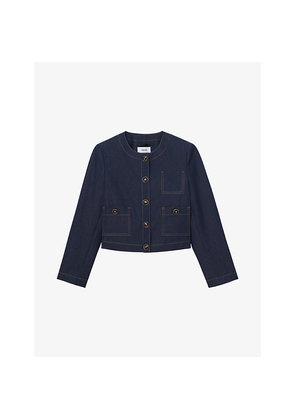 Womens Reiss Edie Collarless Cropped Denim-Blend Jacket