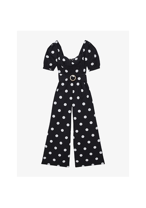 Womens Reiss Brook Puff-Sleeve Polka-Dot Linen Jumpsuit