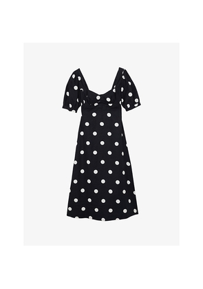 Womens Reiss Astrid Puff-Sleeve Polka-Dot Linen Midi Dress
