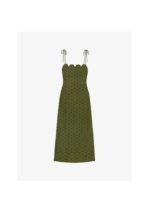 Womens Ro&Zo Olive Broderie Tie-Shoulder Cotton Midi Dress