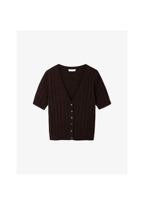 Womens The White Company Short Sleeve Ribbed Wool-Blend Cardigan