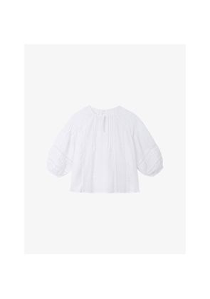 Womens The White Company Volume-Sleeved Lace-Trim Linen Blouse