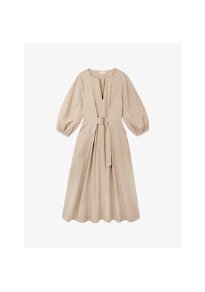 Womens The White Company Belted Patch Pockets Cotton-Blend Midi Dress