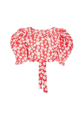 Miu Miu Puff-Sleeve Floral Silk Open-Back Crop Top - Moda Operandi