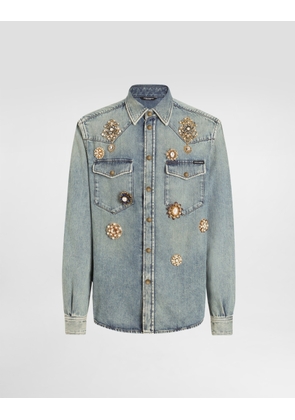 Dolce & Gabbana Denim Shirt With Bejeweled Appliqués - Man Denim Multi-colored 41