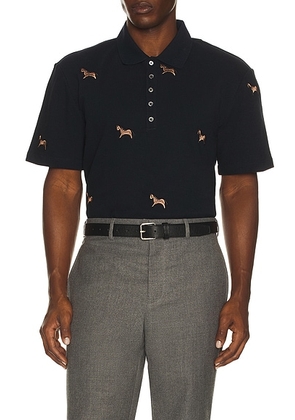 Thom Browne Short Sleeve Pique Polo With Horse Embroidery in Navy - Navy. Size 2 (also in 1, 3, 4, 5).