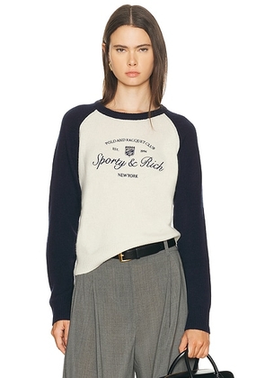 Sporty & Rich Syracuse Cashmere Baseball Sweater in Ecru & Dark Navy - White, Navy. Size M (also in L, S).