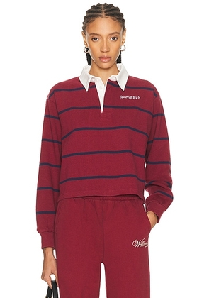 Sporty & Rich Serif Logo Rugby Polo Top in Merlot  White  & Dark Navy - Red. Size M (also in L, S, XL, XS).